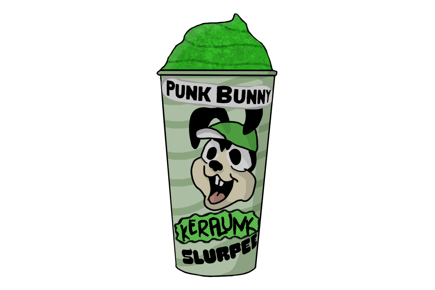 A cartoon style drawing of the Punk Bunny Kerplunk branded Slurpee. The slurpee is bright green and the cup is a lighter more muted green striped with a medium muted green and a cartoon bunny head.