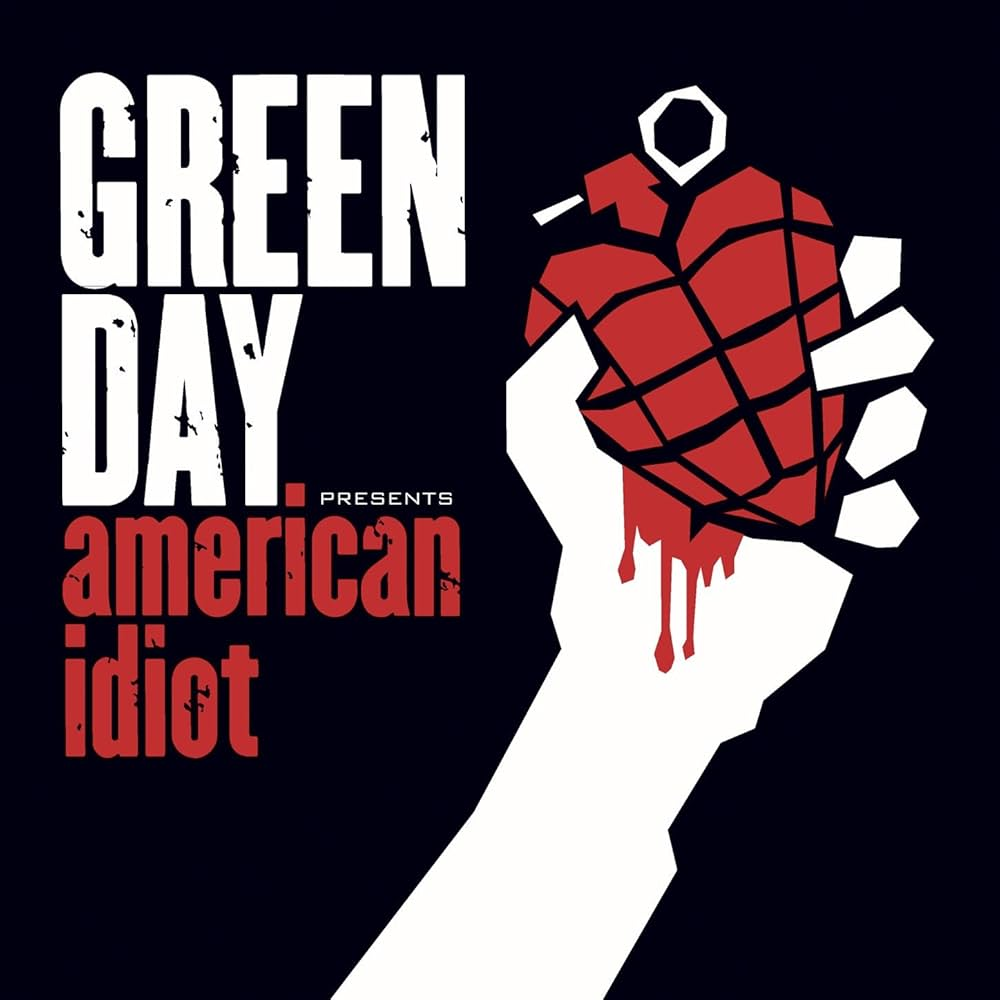 Before image: The album cover for American Idiot by Green Day. There is a white arm holding a red hand grenade shaped like a heart on the right. On the left it says 'Green Day presents American Idiot' The background of the album cover is plain black.
