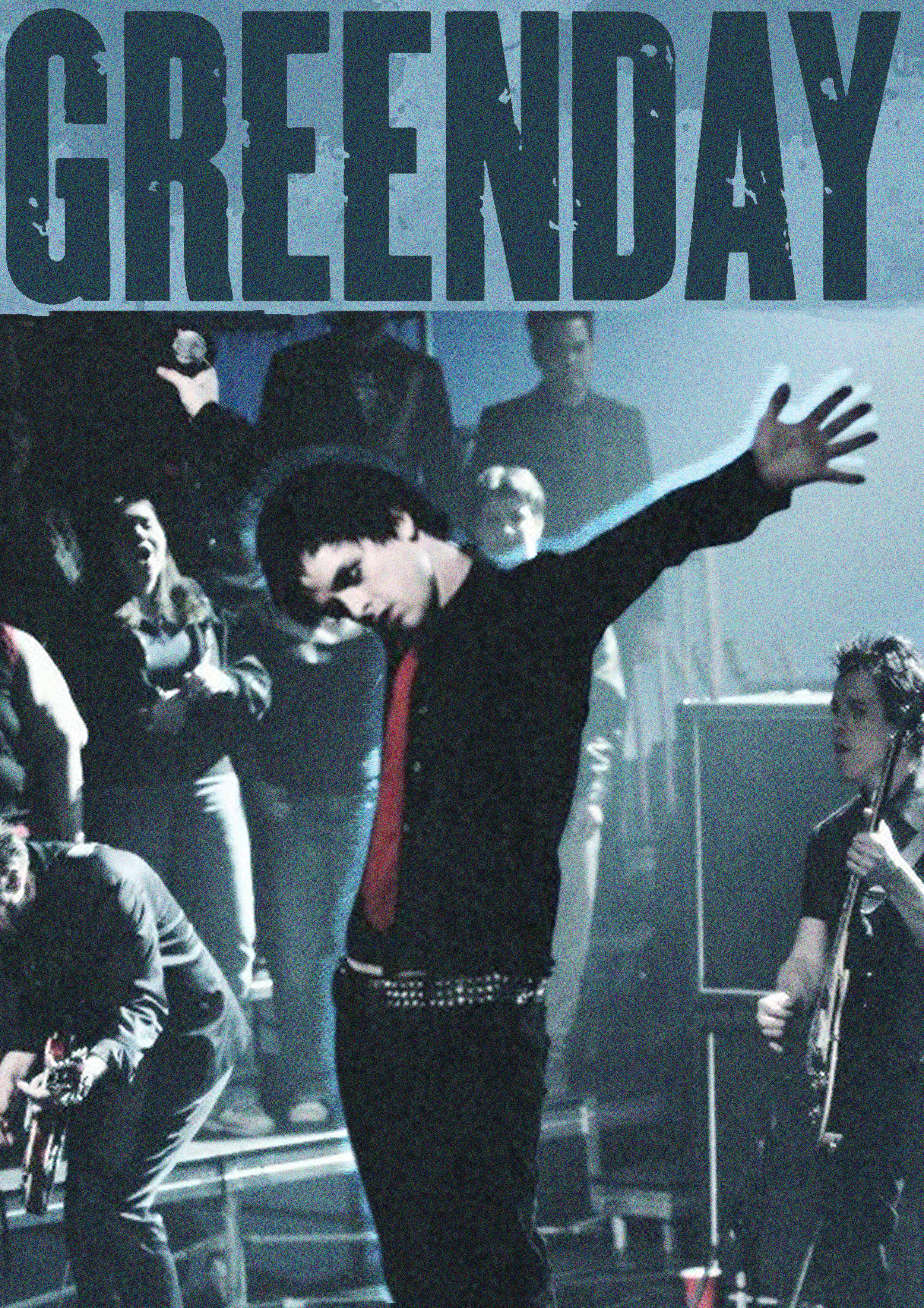 After image: The image has a grain affect added to it and the blue tones are more prominant. There is a light blue glow around Billie. There is text at the top of the poster saying 'Green Day.'