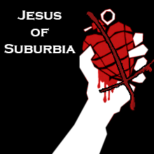 After image: The album cover for American Idiot by Green Day but it is a lower resolution with slight colour bleed and instead of saying 'Green Day presents American Idiot' it says 'Jesus Of Suburbia' and the hand grenade shaped like a heart has a red upside down cross over it.
