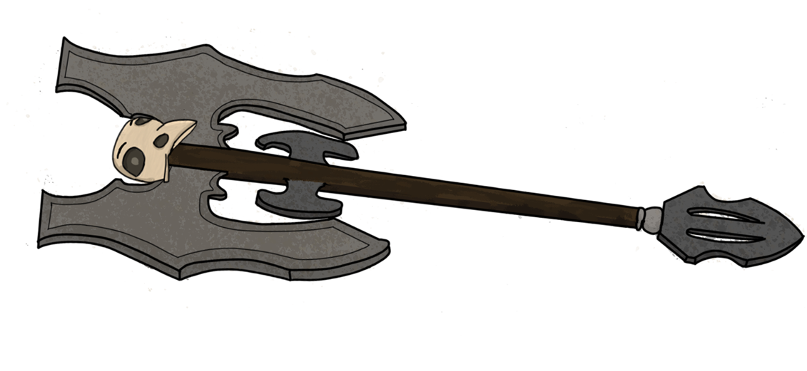 Cartoon styled illustration of a battle axe with a crow skull attached to the top.