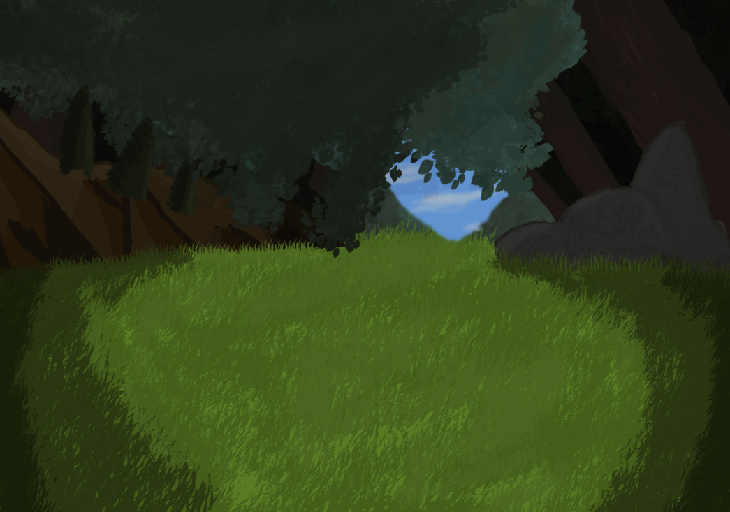 The background of the animation. A grassy meadow inside a forest with hills in the background, dirt sliopes to the side, and rocks at the base of one of the trees