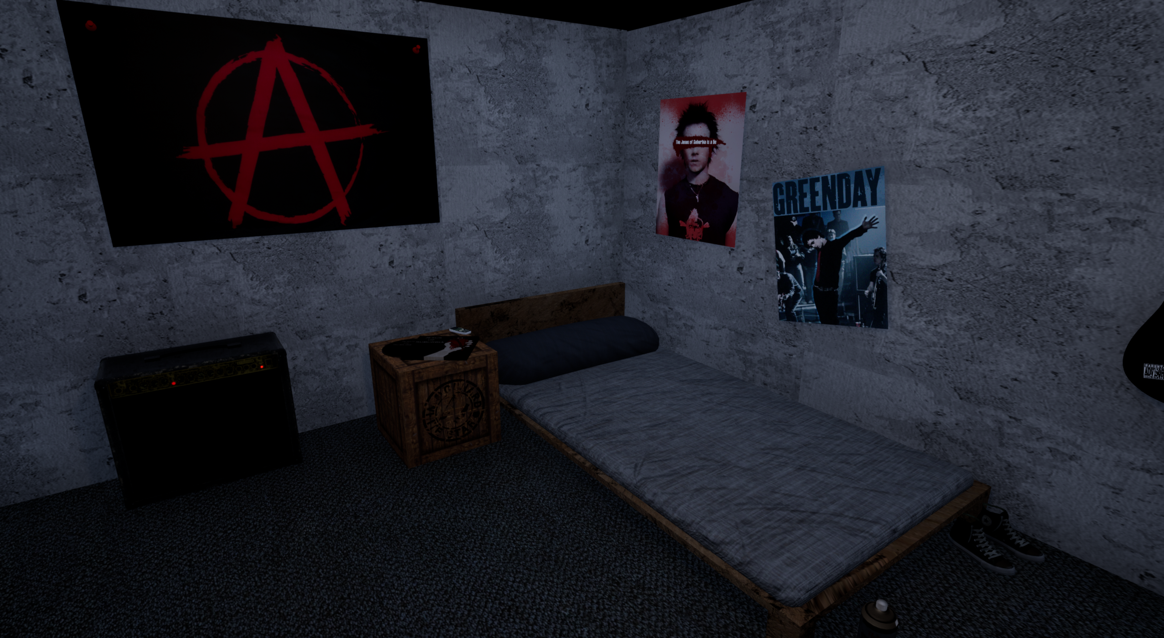 Image of a poorly lit grungey garage bedroom, created in unreal engine