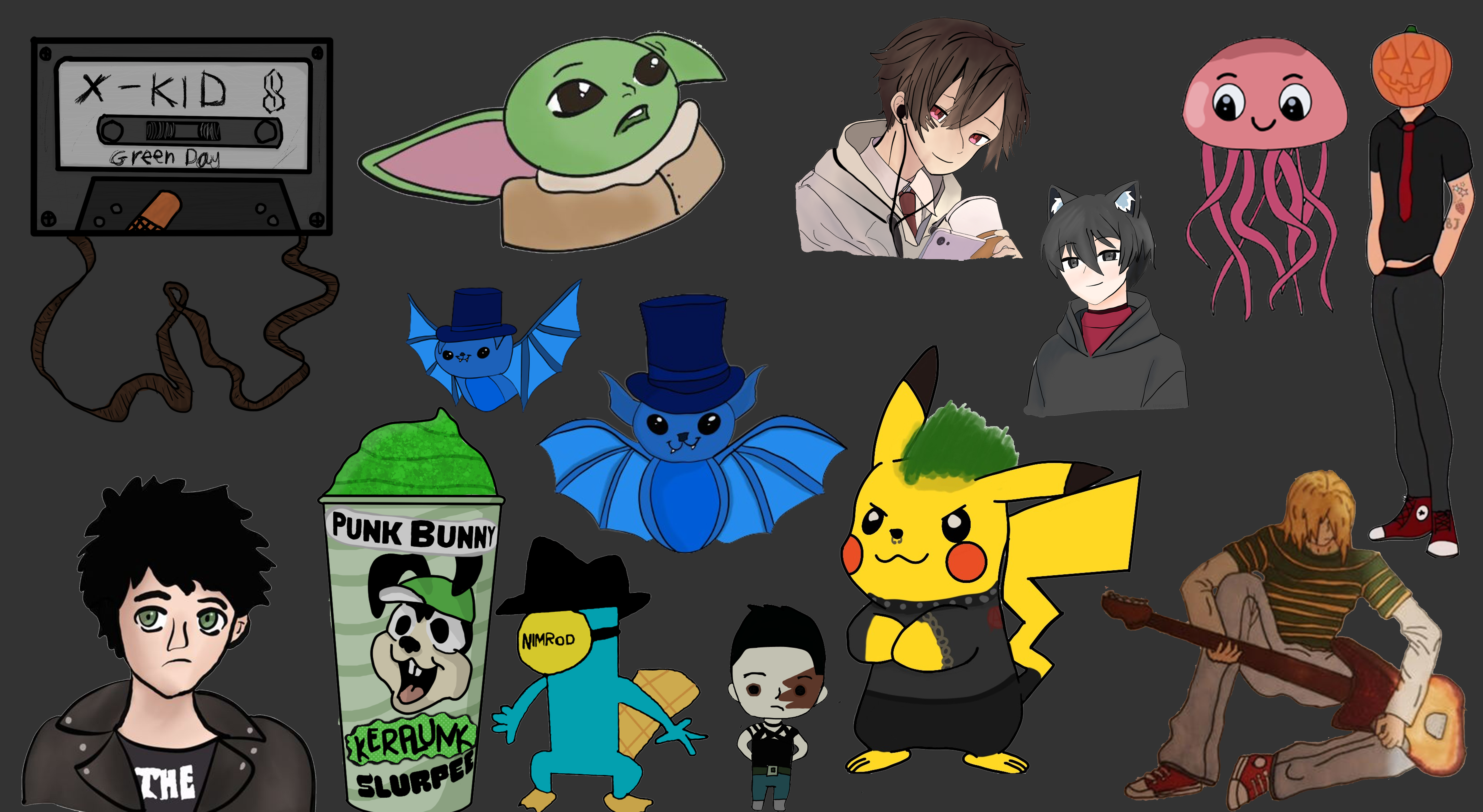 A collection of bold cartoon style 2D digital illustrations