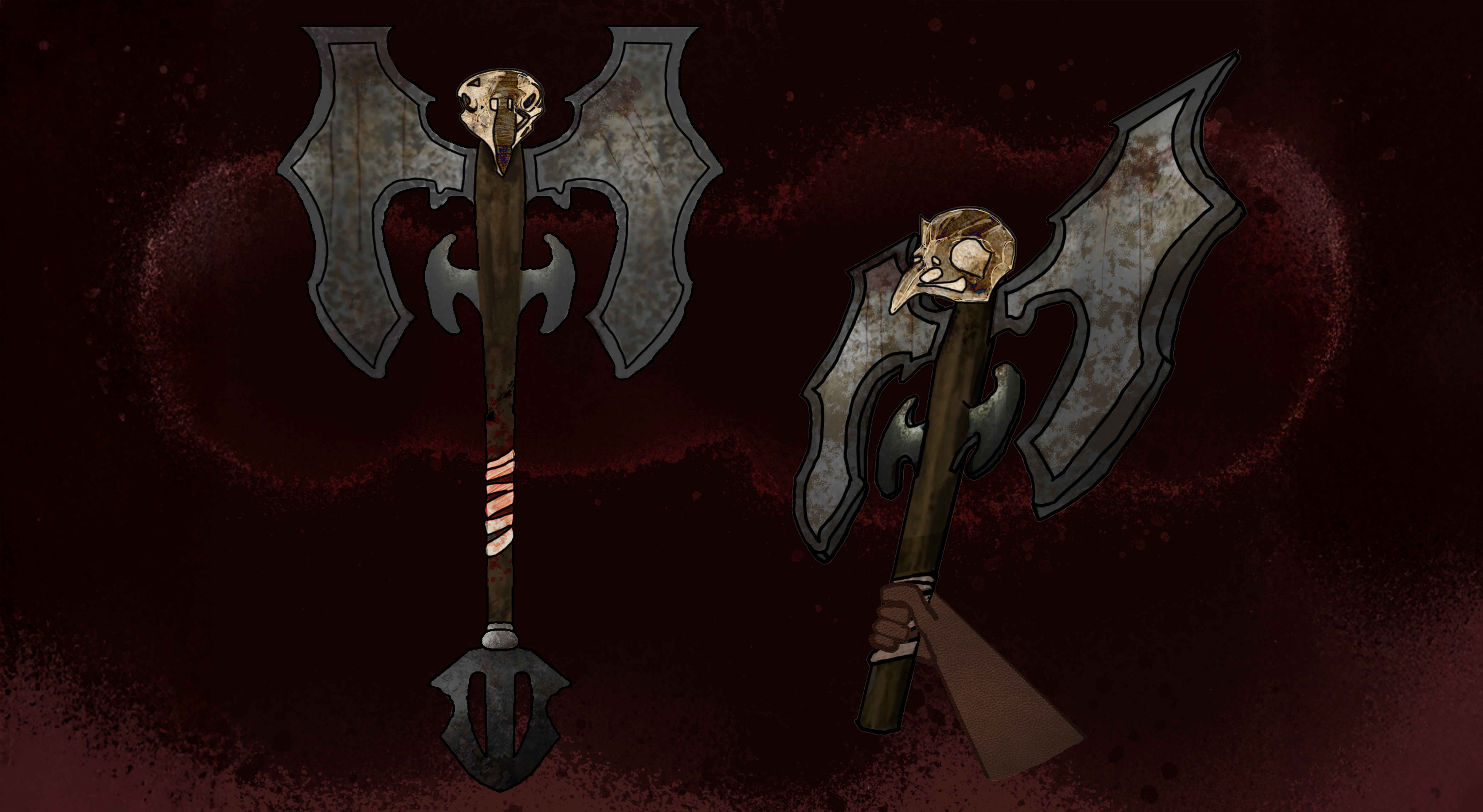Image of two battle axe illustrations in front of a red background intended to represent blood.