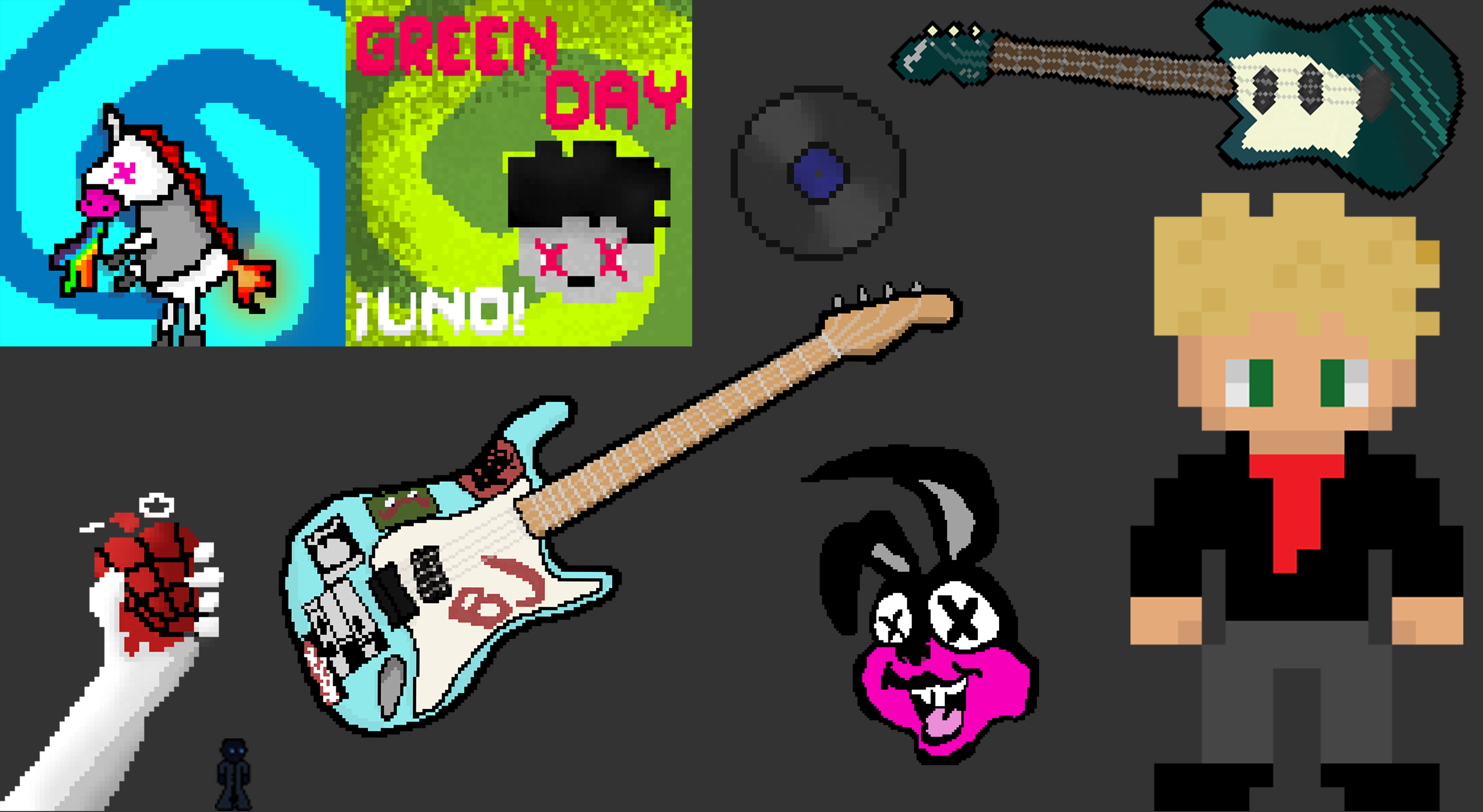 A collection of brightly coloured pixel arts